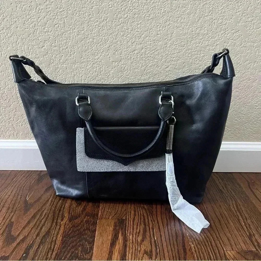 The Sak Sierra Black Leather Double Handled Satchel Purse Bag Shoulder Strap - Picture 2 of 16
